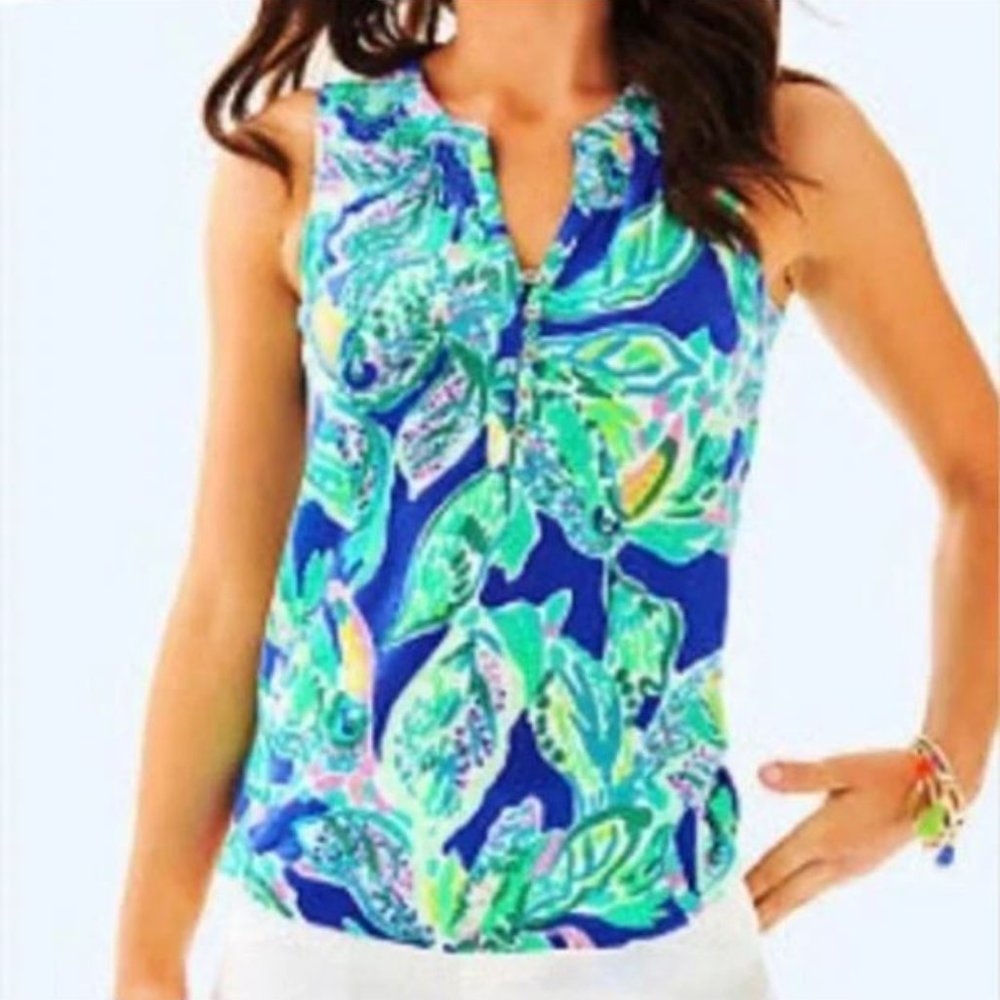 Lilly Pulitzer Essie Wake Up Call Tropical Floral & Toucan Sleeveless Top Sz S